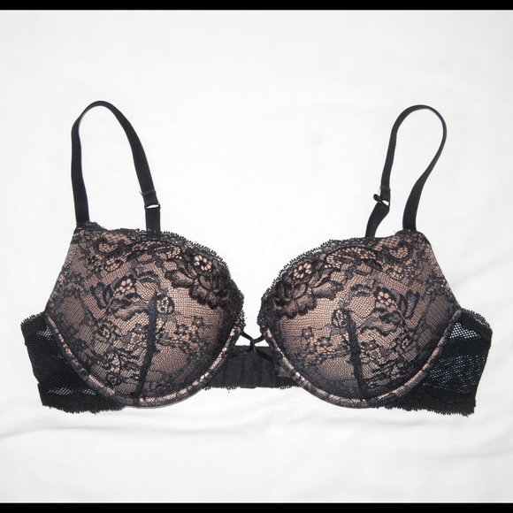 SOLD - Adore Me Camella Add 2 Cups Black Tan Push Up Bra 38B Padded Mesh & Lace - Picture 4 of 10